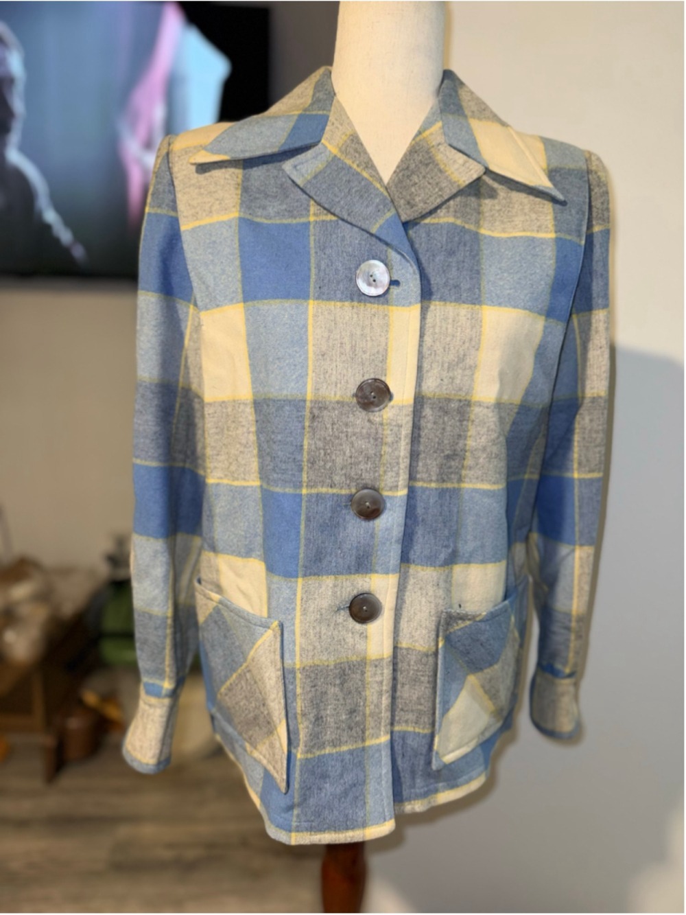 Vintage 1950s Pendleton Womens '49er Wool Jacket Plaid Gray Yellow Blue Padded S
